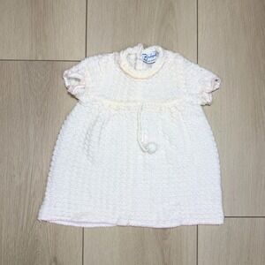 Vintage Baby Dress Barnbergs Japan White Pink Knit Pom Pom‎ Tie 6-12M
